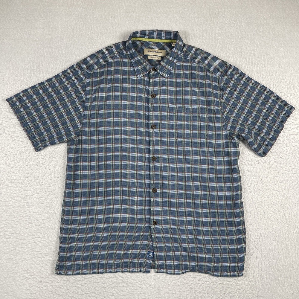 Tommy Bahama Shirt Mens Large Blue Plaid Silk Casual Preppy Travel Beach Islands
